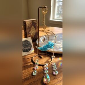 Gold Crescent Moon Suncatcher with Blue Aventurine Chips and Iridescent Crystals